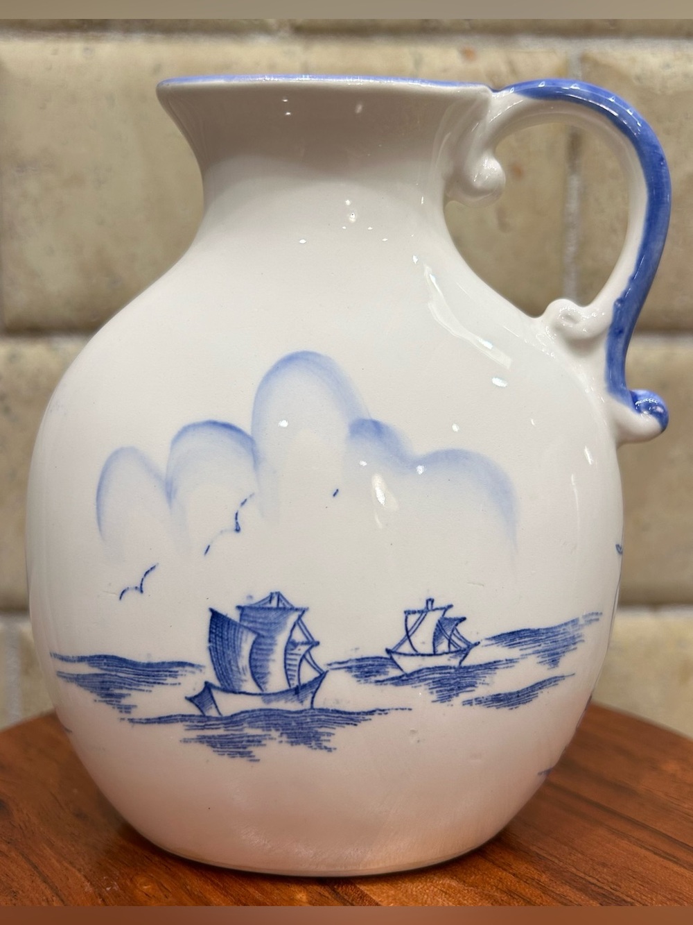 Blue and White Ceramic Pitcher for Left Handed People (Southpaws) Made in Japan